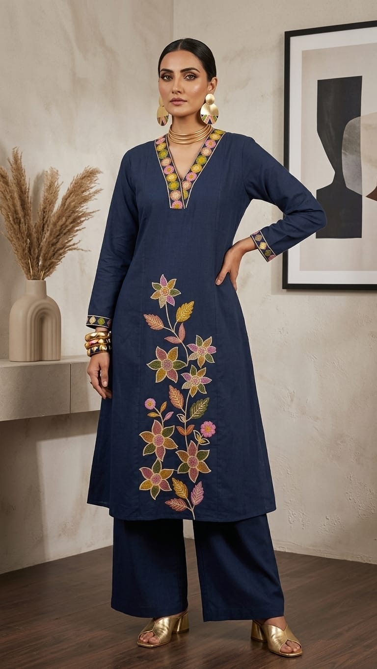 Designer Dabu Cotton Blue Co-ord Set With Embroidery work