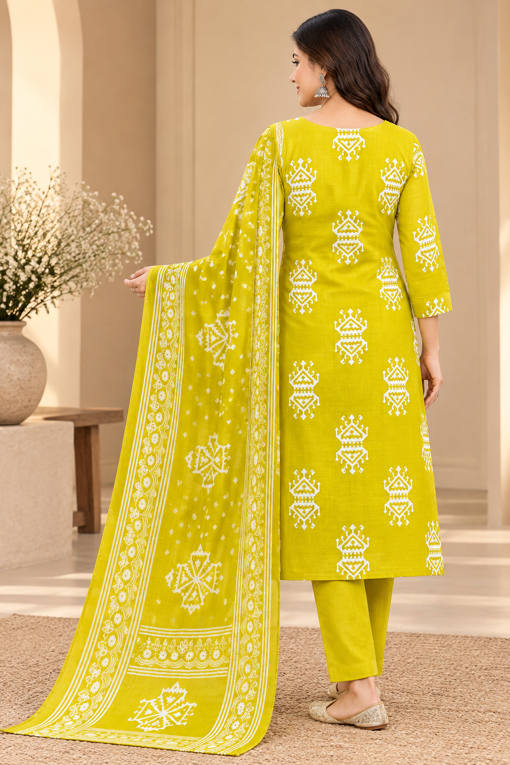 A woman models a bright yellow-green traditional Indian salwar kameez suit with white printed motifs and a matching dupatta, set against a warm beige background with a wooden side table and potted plants.