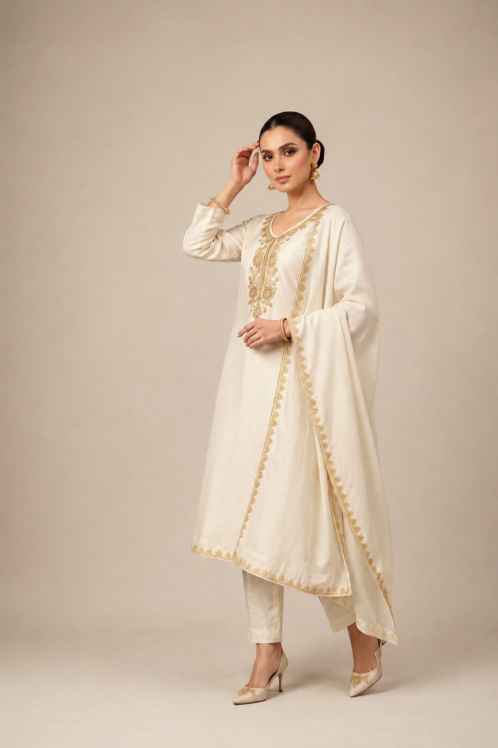 A woman modeling a traditional cream-colored Indian outfit consisting of a long kurta with gold embroidery, matching trousers, and a draped dupatta, set against a plain beige studio background.