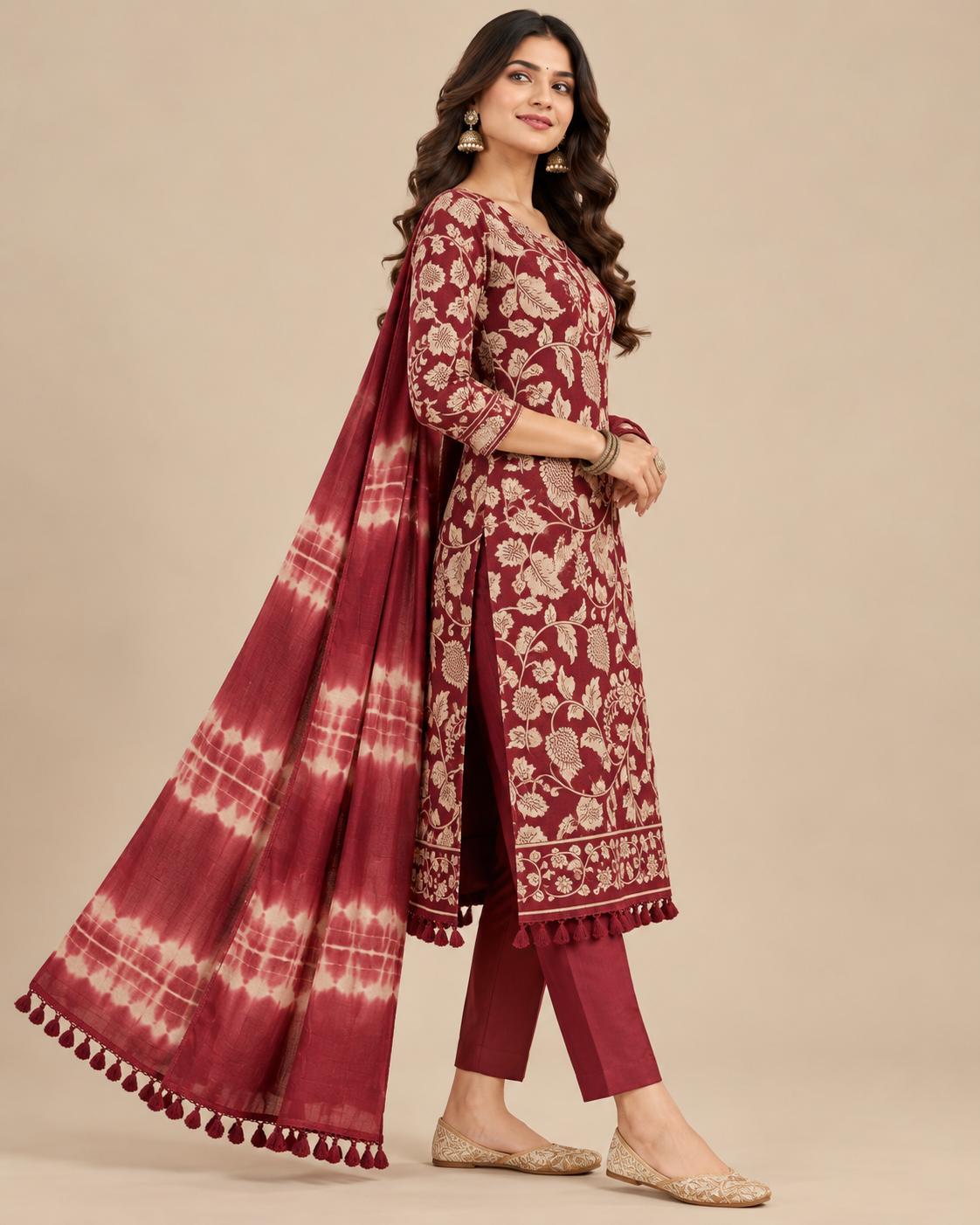 A woman models a traditional Indian salwar kameez suit set in maroon and beige. The set includes a heavily embroidered kameez tunic, matching trousers, and a tie-dye patterned dupatta with tassels, set against a warm beige studio background with a wooden side table and vase.