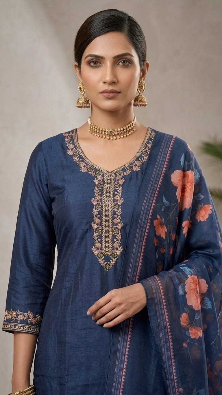 A woman models a navy blue Indian ethnic suit set featuring a kurta with gold embroidery, matching palazzo pants, and a floral printed dupatta, set against a neutral indoor background with a potted plant.