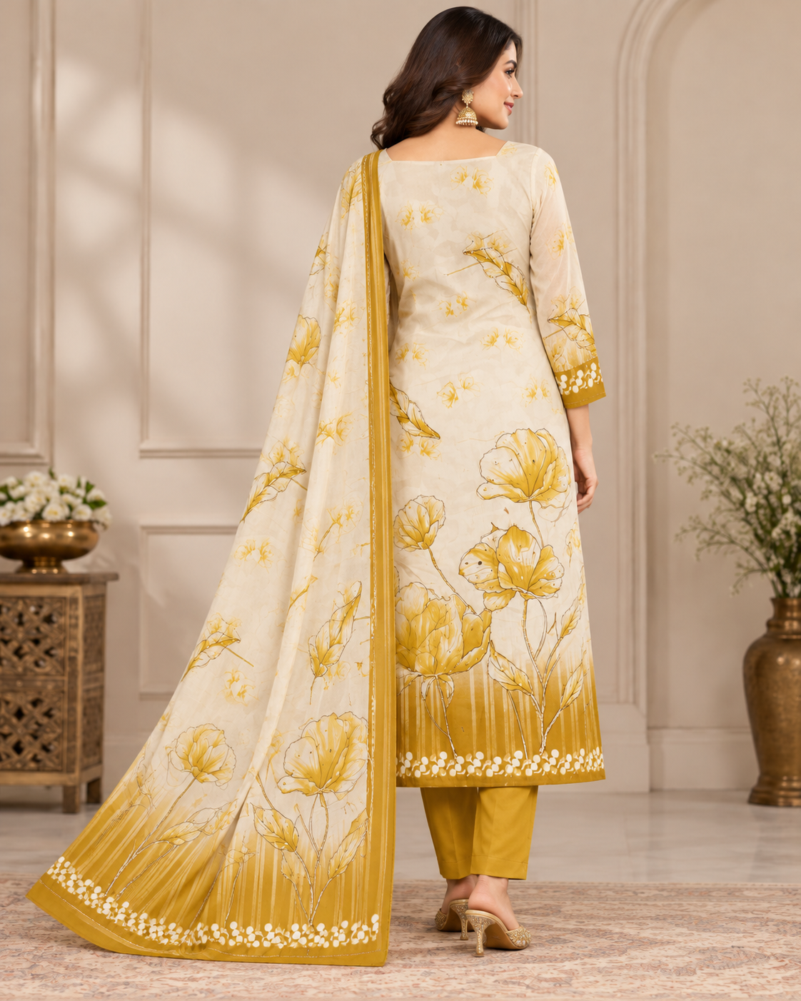 Cream and Mustard Yellow Floral Printed Unstitched Salwar Suit Set with Matching Dupatta for Women