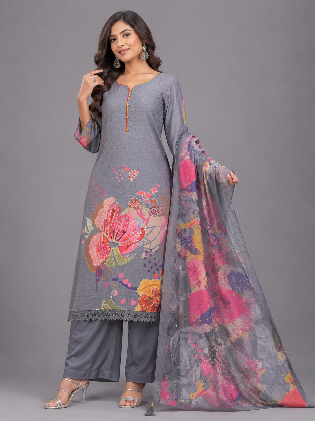 Women Grey Abstract Floral Printed Unstitched Suit Set with Piping Placket Detail & Printed Dupatta
