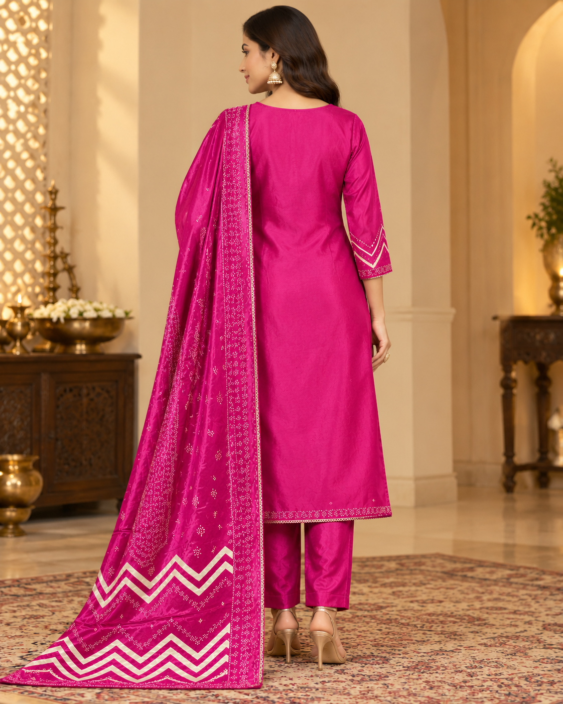 Magenta Pink Chevron Printed Unstitched 3-Piece Suit Set with Matching Dupatta