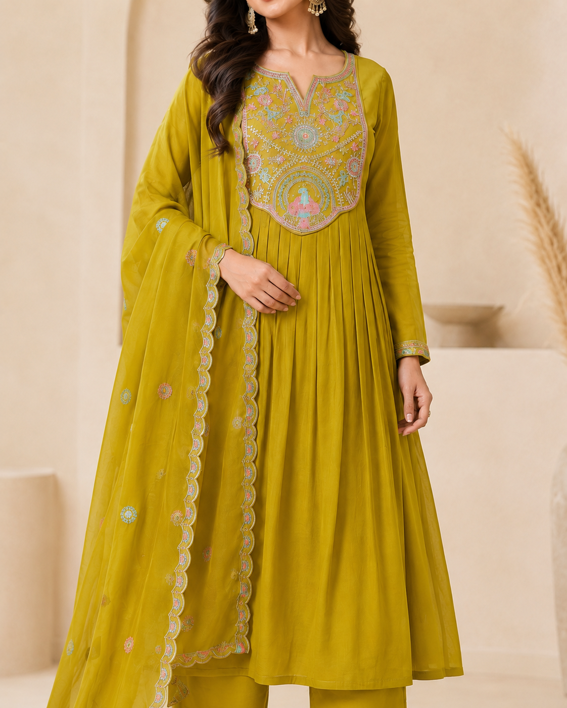 Women’s Mustard Yellow Embroidered Mul Chanderi Alankari Kurta Set with Dupatta