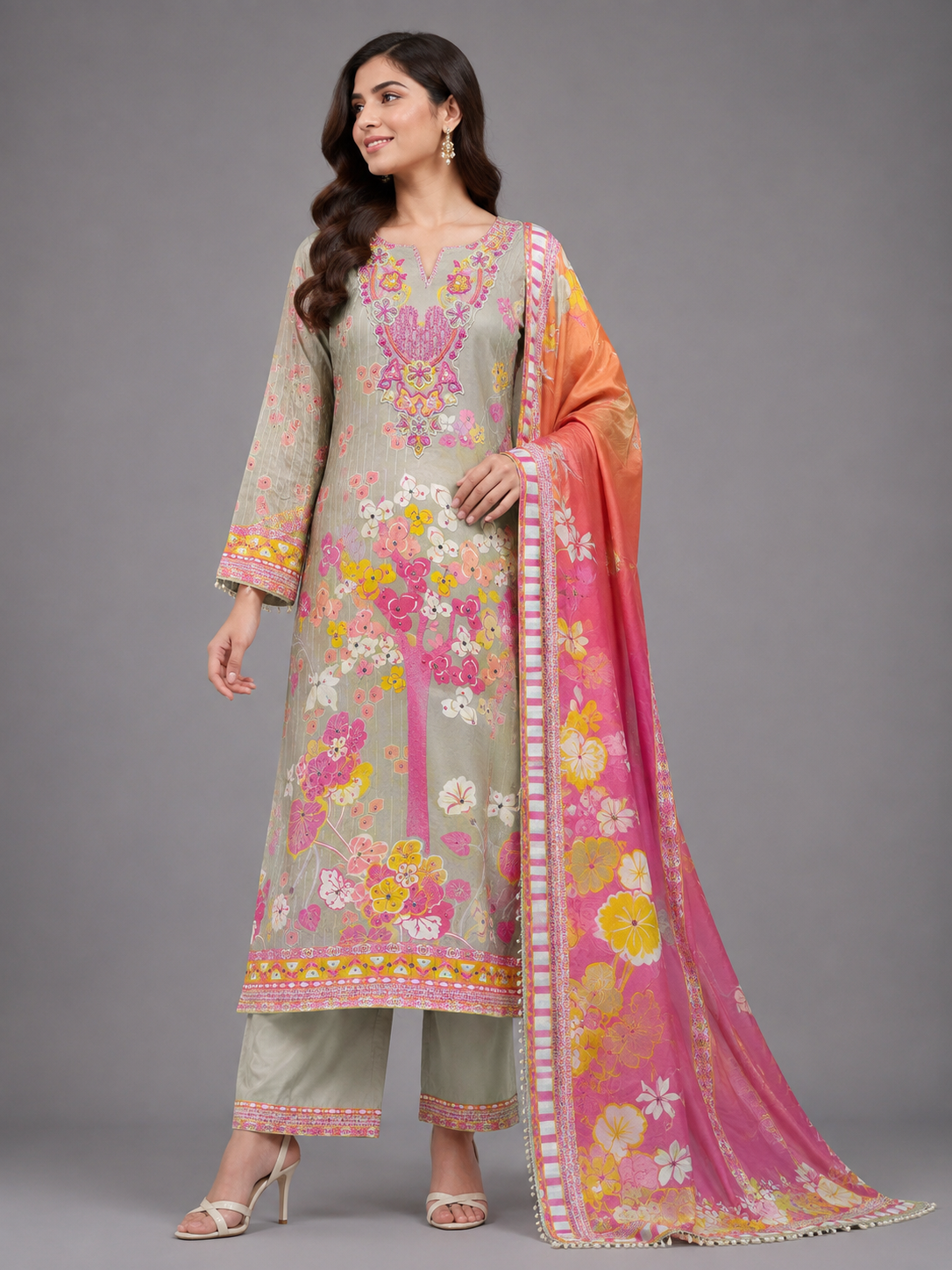 Sage Grey Floral Printed Cotton Unstitched Kurta Dress Material with Embroidered Neckline & Pink Dupatta