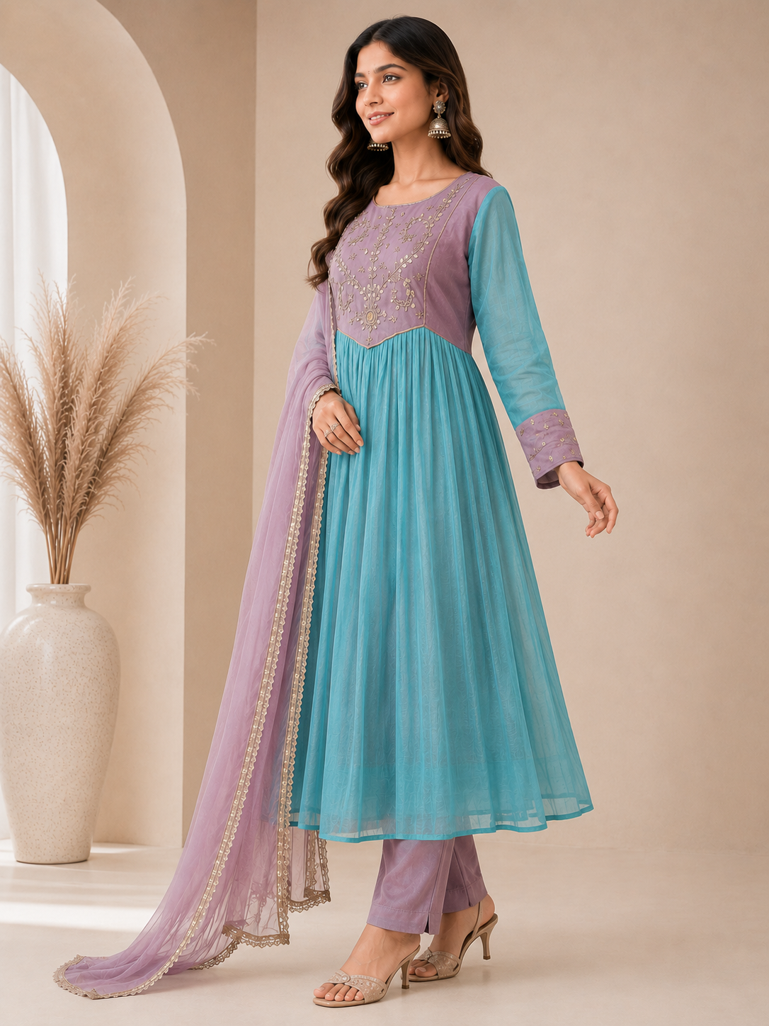 Women’s Purple & Turquoise Alankari Style Embroidered Mul Chanderi Kurta Set with Dupatta