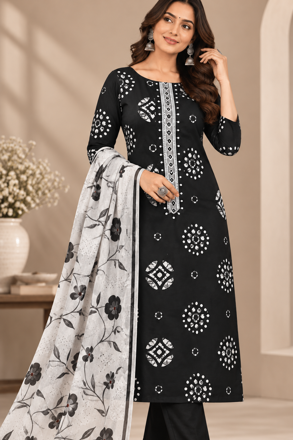 Elegant Monochrome Floral Print Dress Material, Designer Fabric Printed Suit Material with Dupatta | Ethnic Dress Material