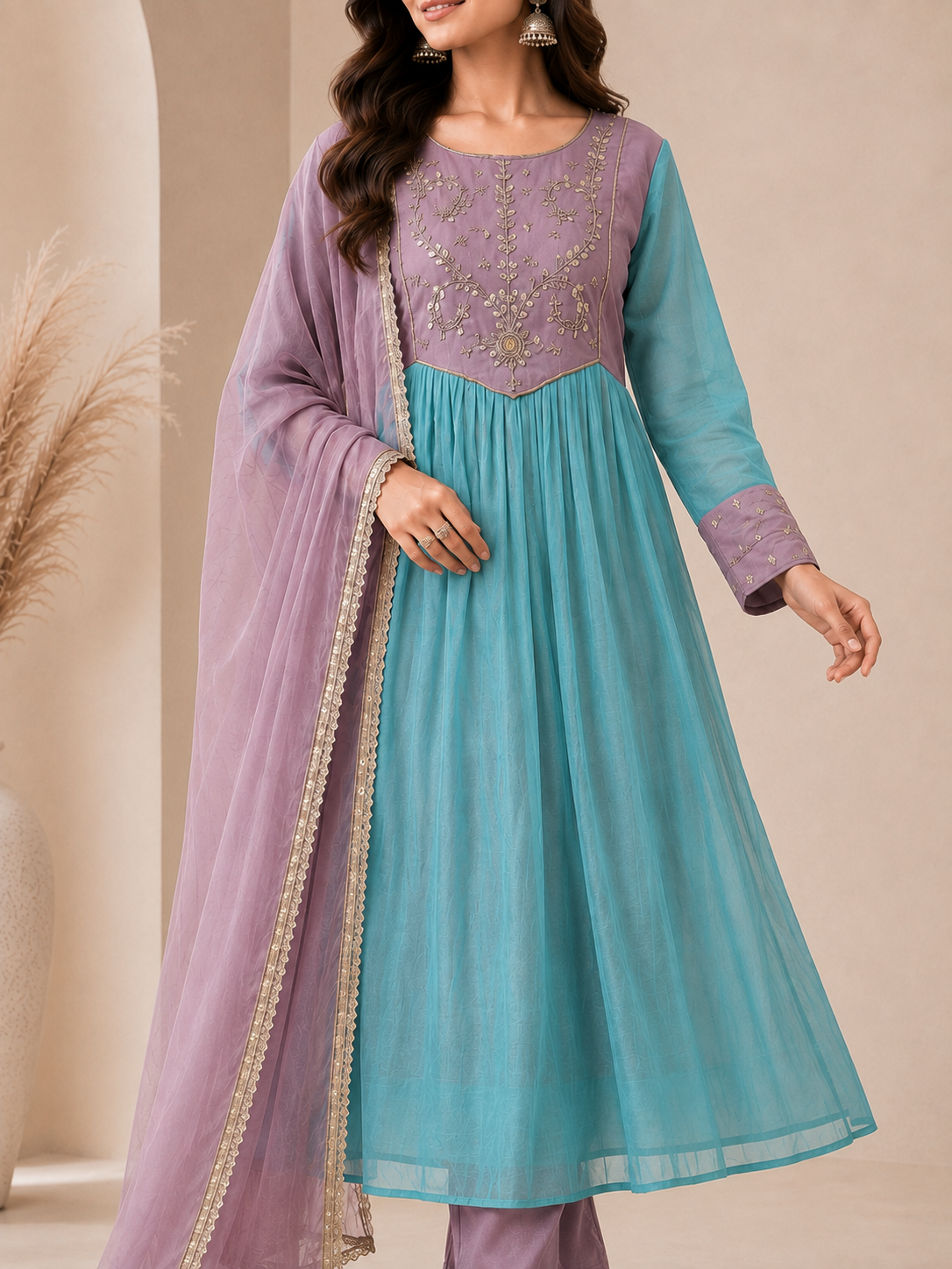 Women’s Purple & Turquoise Alankari Style Embroidered Mul Chanderi Kurta Set with Dupatta