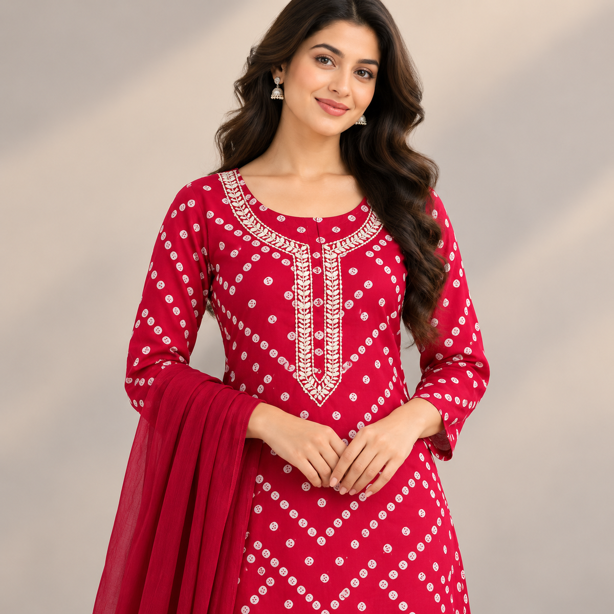 Red Floral Printed Suit Set | Designer 3-Piece Salwar Suit with Embroidered Neck & Matching Dupatta