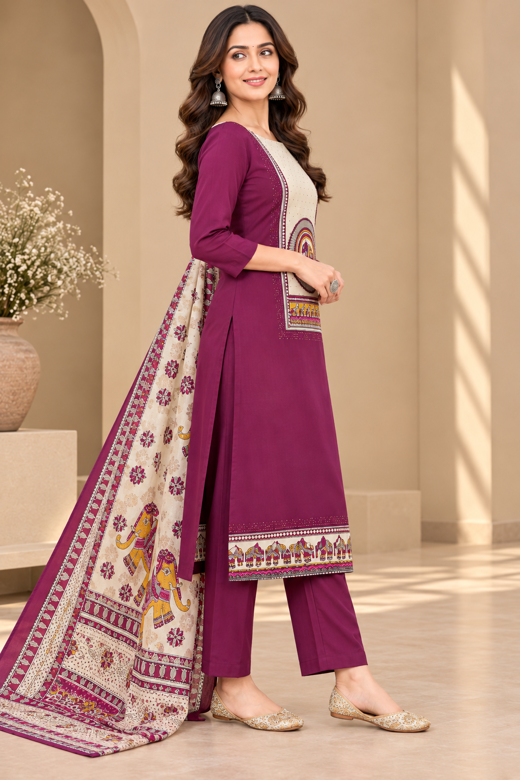 Women’s Magenta and Cream Printed Ethnic Suit Set with Elephant Motif Dupatta | Designer Indian Traditional Wear for Women