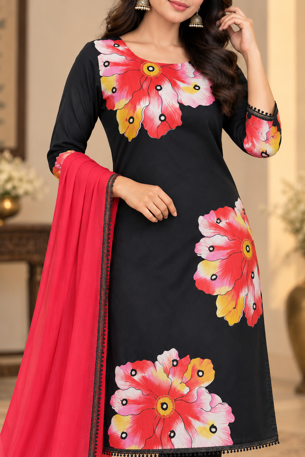 Midnight Floral Bloom Designer Fabric Printed Suit Material with Dupatta | Ethnic Dress Material