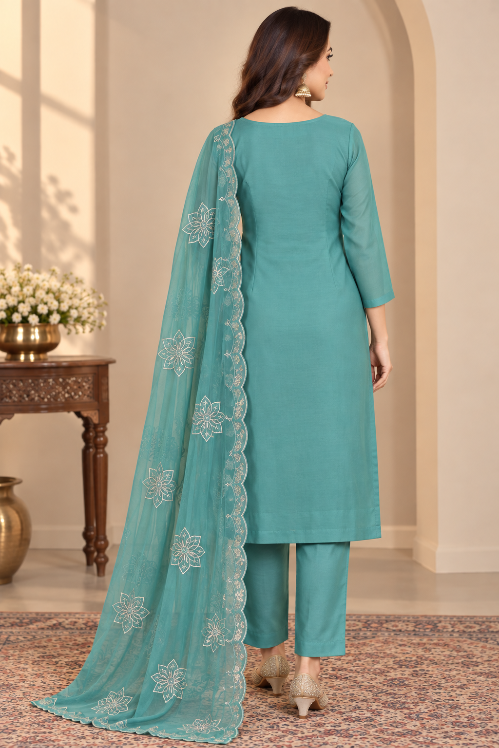 Teal Blue Floral Embroidered 3-Piece Suit Set, Floral Embroidery Kurta with Matching Pant & Dupatta