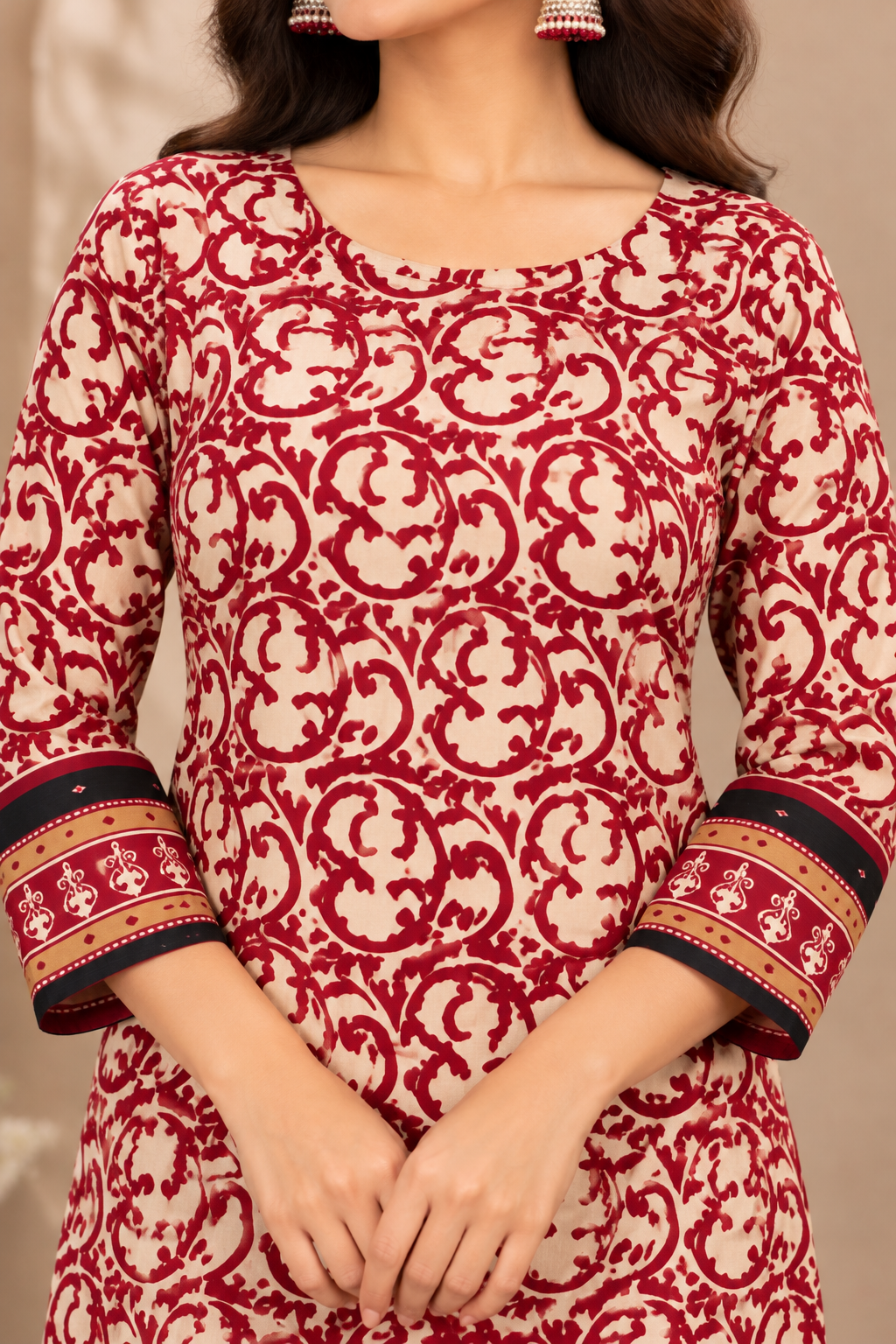 Women’s Cream and Maroon Printed Unstitched Suit Set with Matching Bottom Fabric and Maroon Dupatta | 3 Piece Ethnic Dress Material for Women