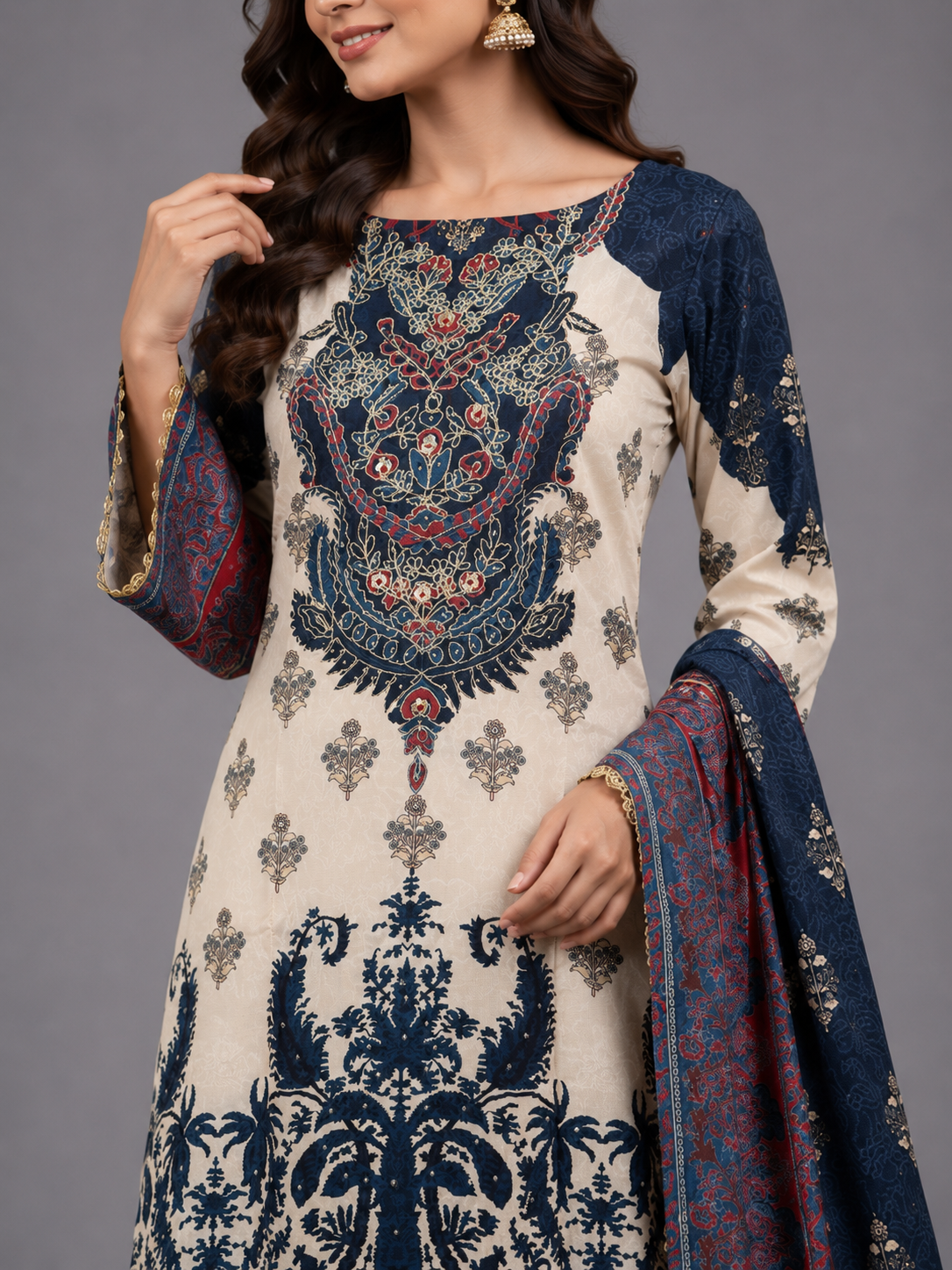 Traditional Navy & Cream Ornamental Printed 3-Piece Unstitched Suit Set with Lace Trims