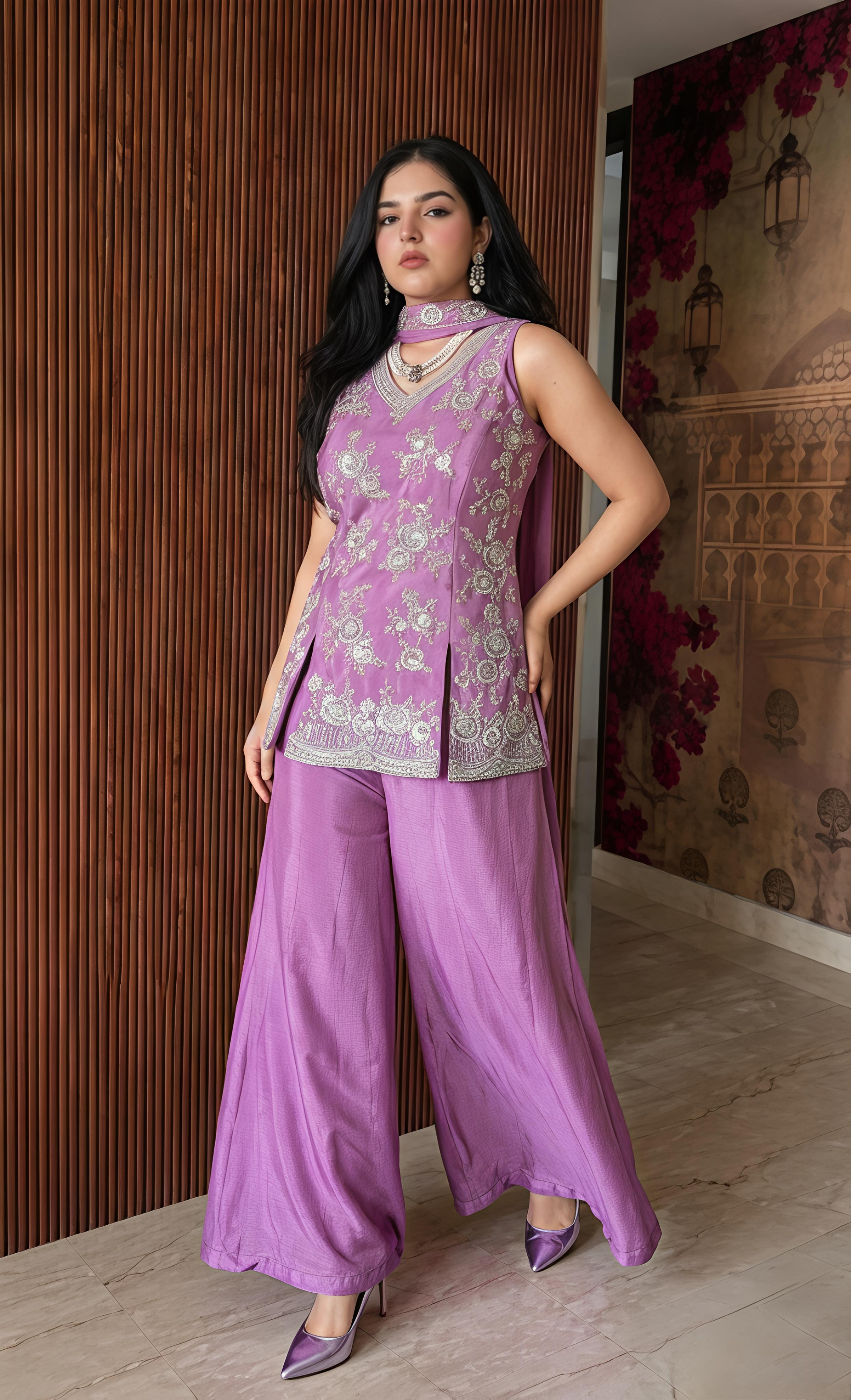 Designer Pure Chinon Silk Short Sharara Suit with Heavy Handwork & Choker Style Dupatta