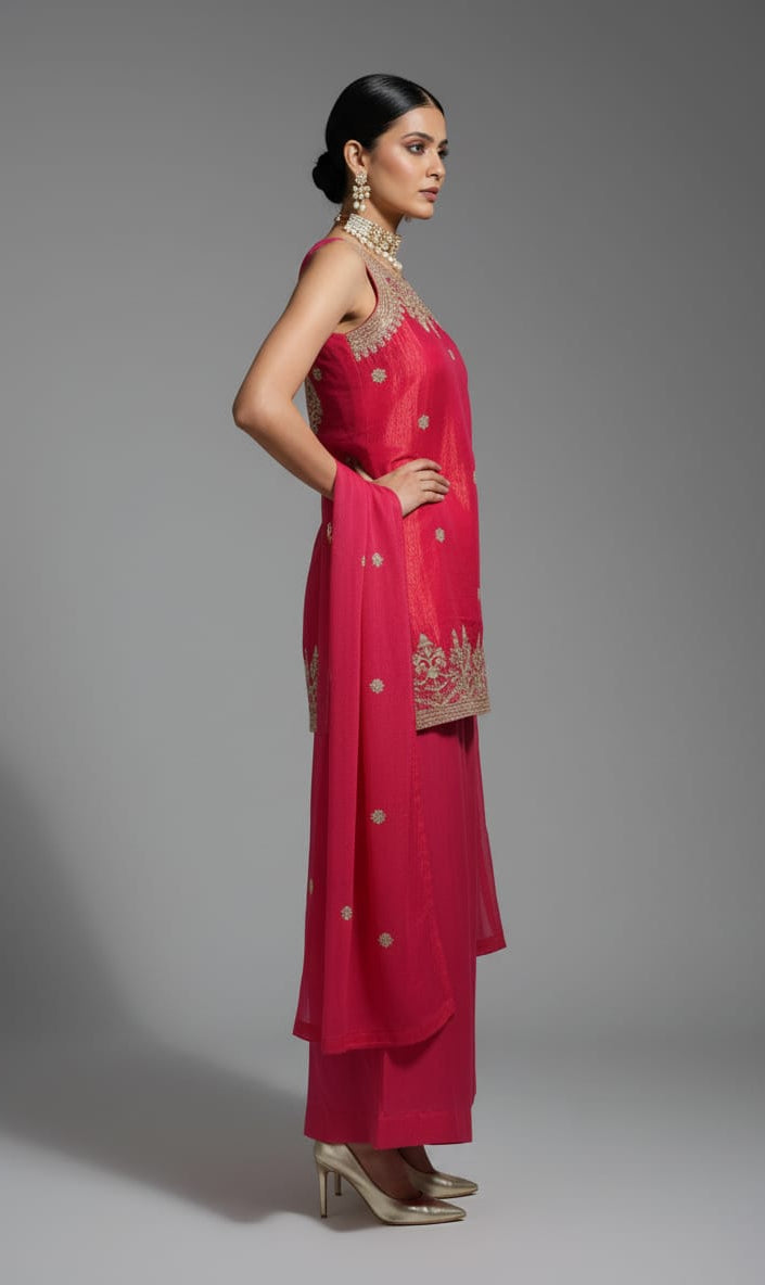 Woman wearing a pink traditional sharara outfit with intricate designs on a gray background