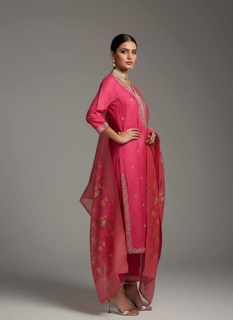 Woman wearing a pink traditional outfit with a sheer dupatta on a gray background