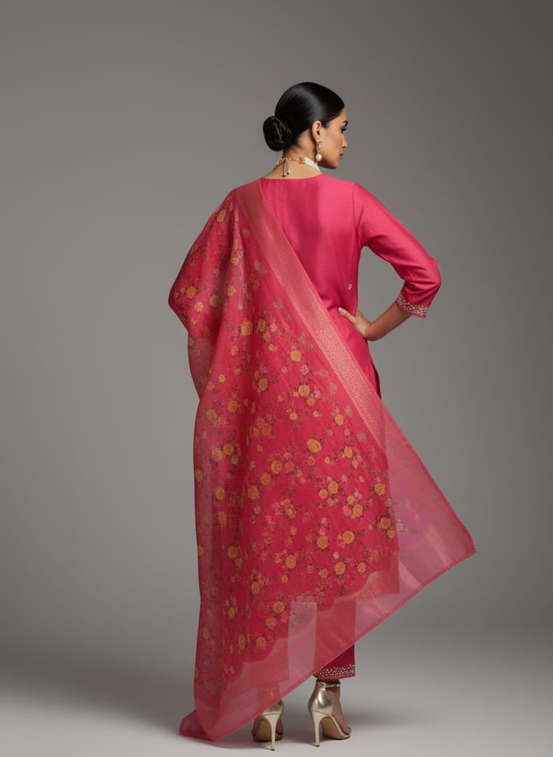 Woman wearing a pink traditional outfit with a floral dupatta on a gray background