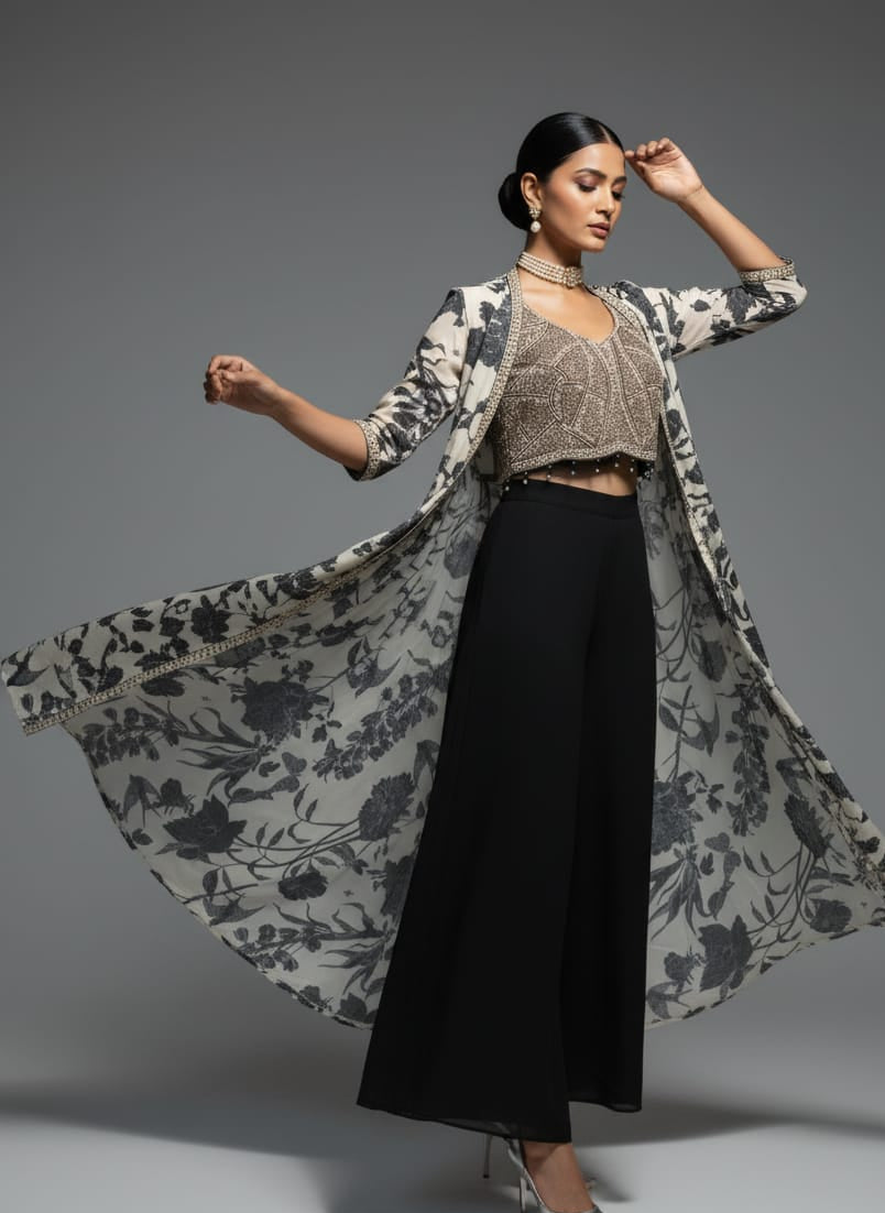 Woman wearing a long floral coat over a black skirt on a gray background