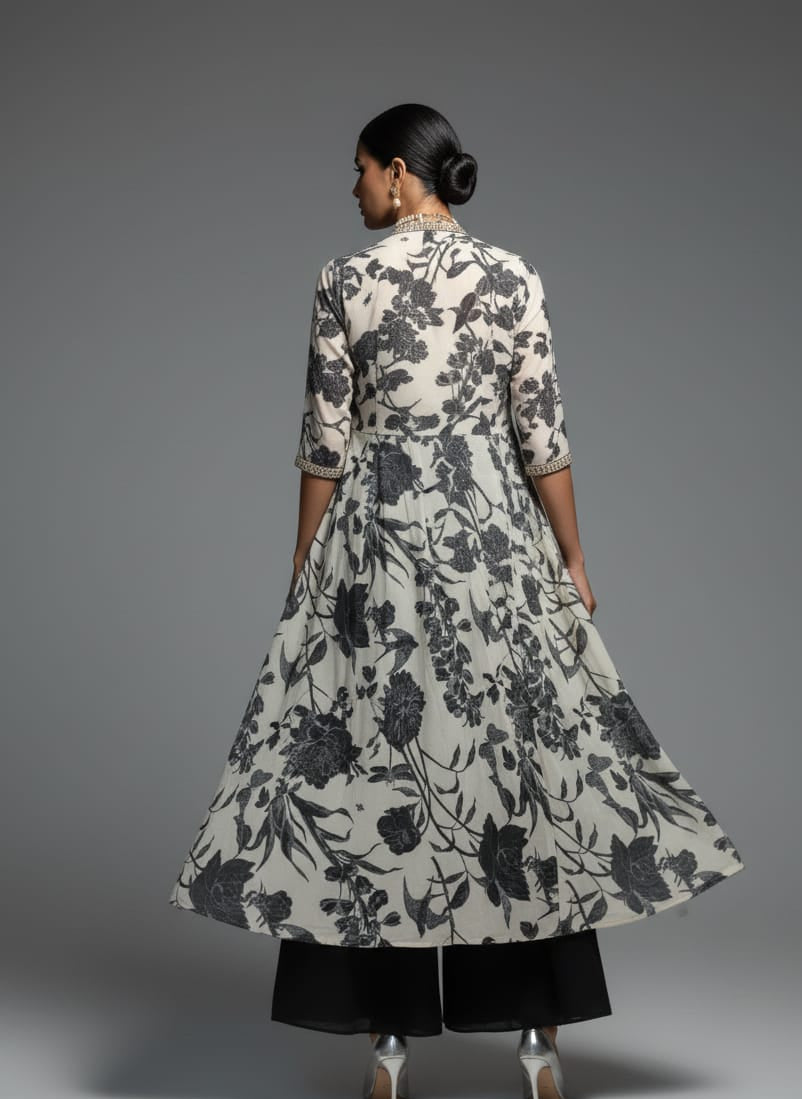 Woman wearing a floral dress with a gray background