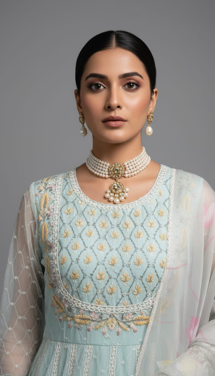 Woman wearing traditional embroidered attire with jewelry against a gray background