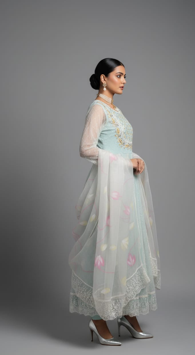 Woman wearing a light blue embroidered outfit with a sheer overlay on a gray background
