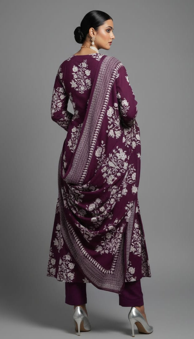 Woman wearing a traditional maroon outfit with white patterns on a gray background
