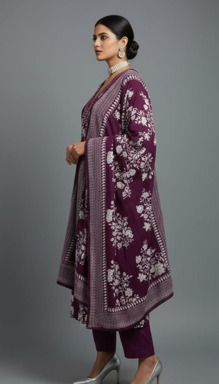 Woman wearing a purple embroidered outfit on a gray background