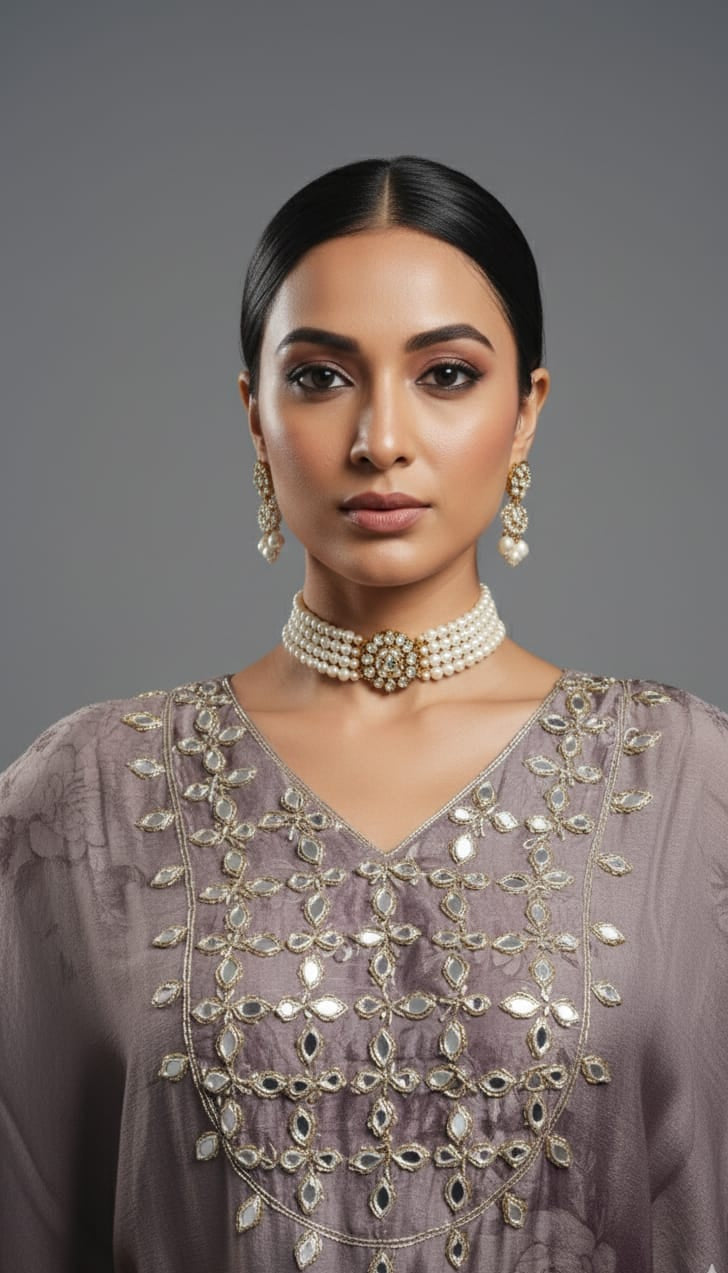 Woman wearing a gray embellished top with gold jewelry against a gray background