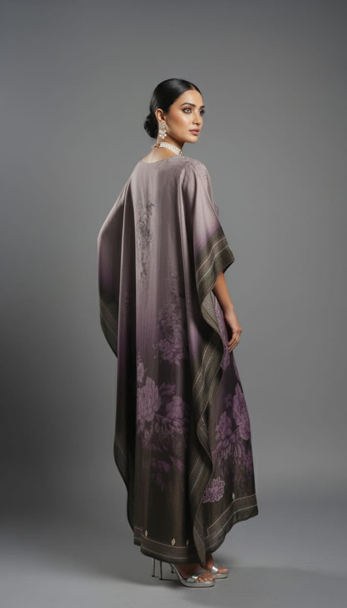 Woman wearing a long, dark-colored dress with floral patterns on a gray background
