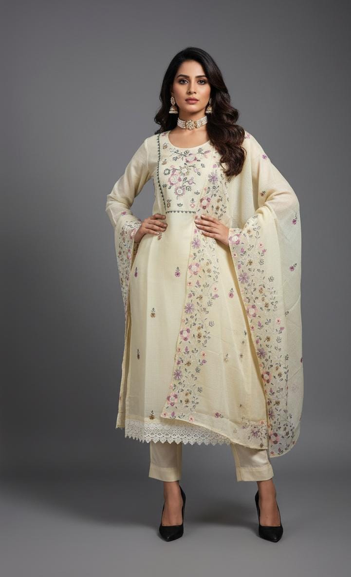 DESIGNER 3-PIECE KOTA CHECK SUIT WITH EMBROIDERY WORK