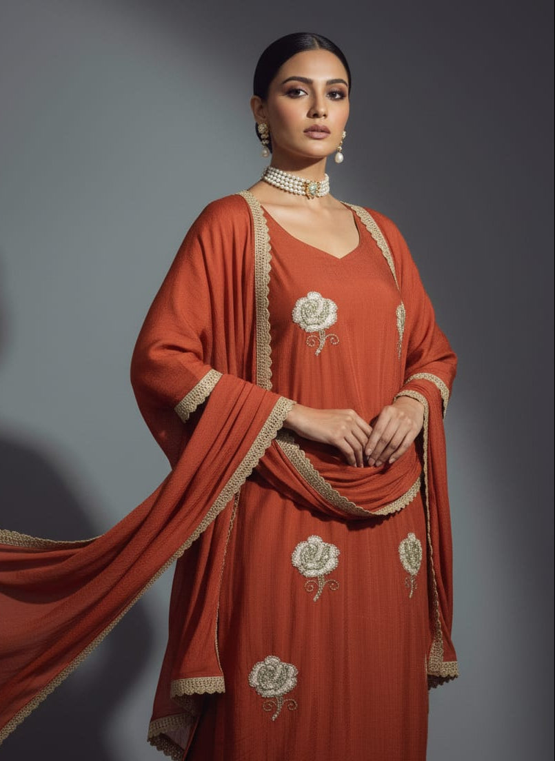 Woman wearing a traditional red outfit with floral patterns on a gray background