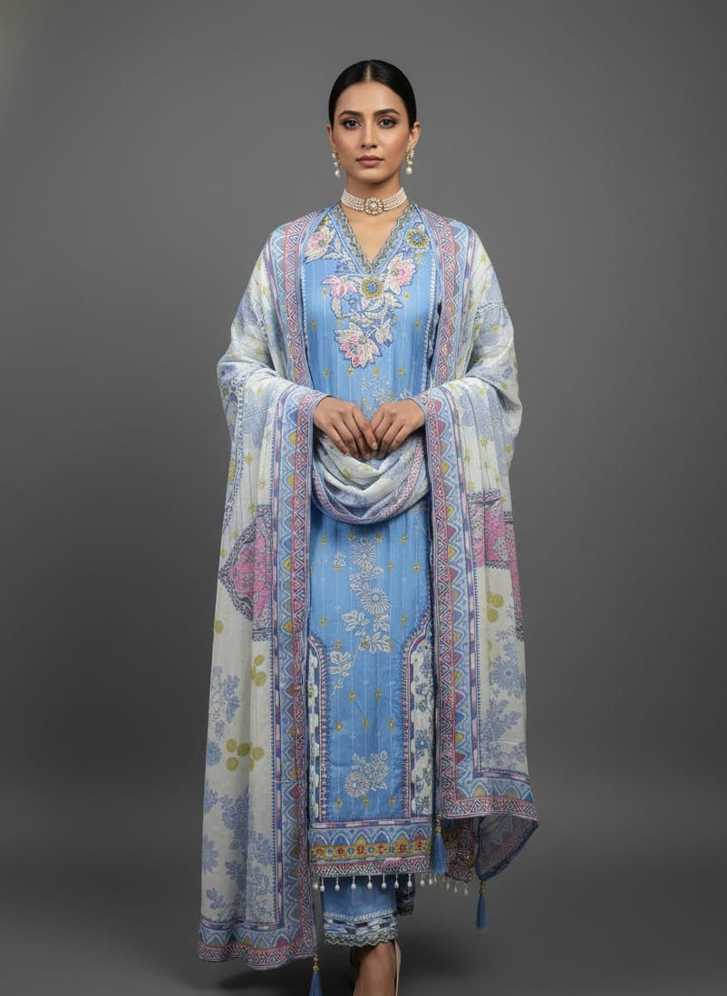 Woman wearing a traditional Pakistani outfit with floral patterns on a gray background