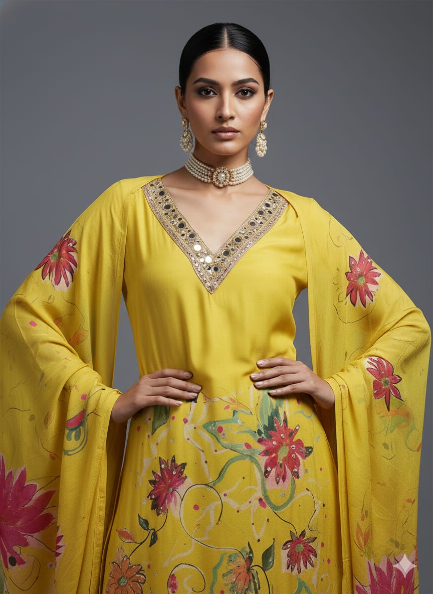 UNSTITCHED LUXURY MASLIN 3-PIECE SUIT – FLORAL DIGITAL PRINT & MIRROR WORK EDITION