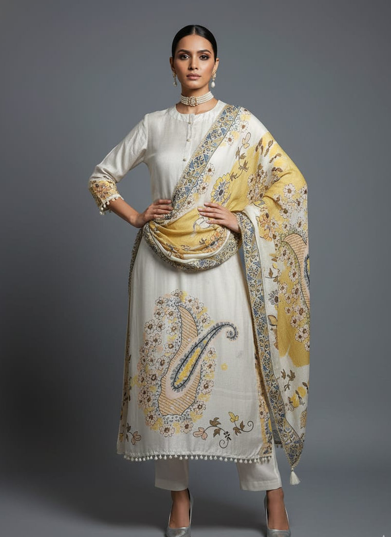Woman wearing a white traditional outfit with a large embroidered yellow dupatta on a gray background