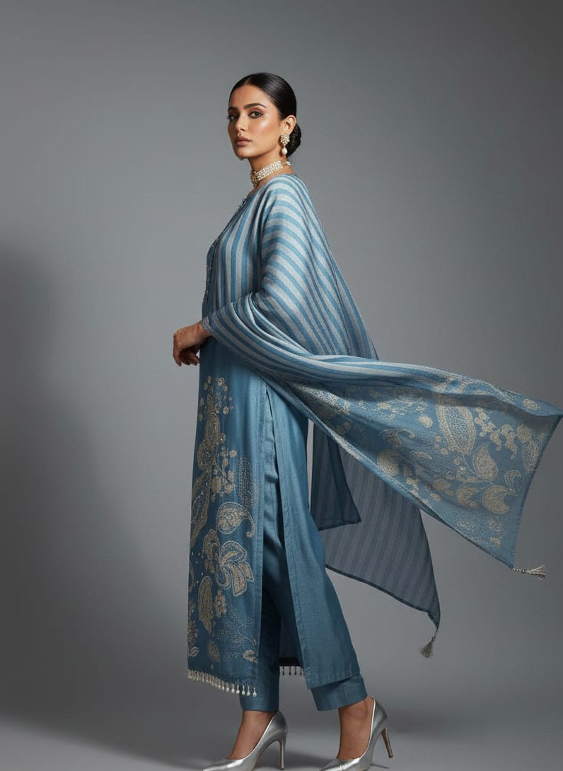 Woman wearing a blue traditional outfit with a matching Dupatta on a gray background