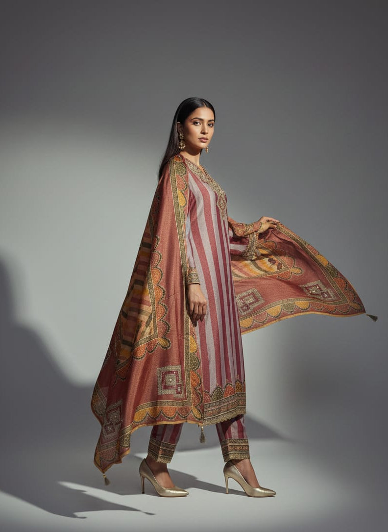 Woman wearing a traditional outfit with a patterned shawl on a gray background