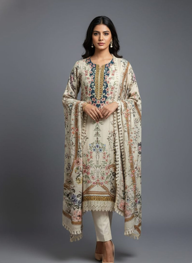 Woman wearing a floral embroidered outfit on a gray background