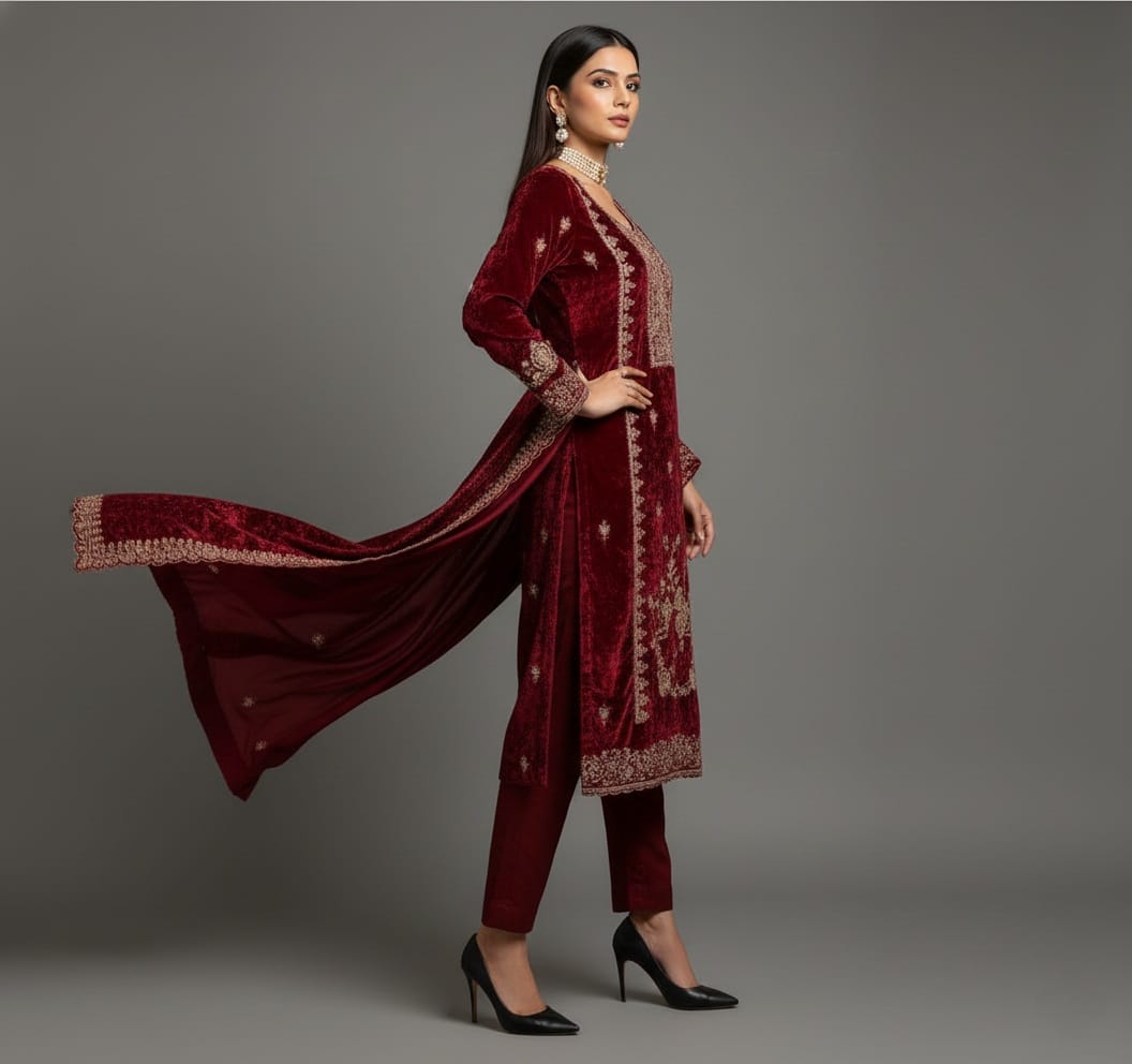 Woman wearing a maroon traditional outfit with intricate patterns on a gray background