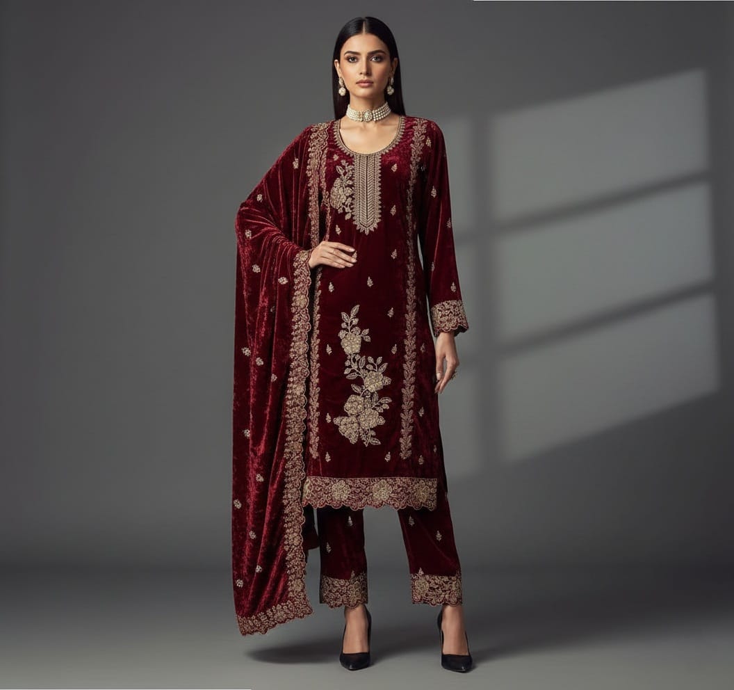 Woman wearing a maroon embroidered traditional outfit on a gray background