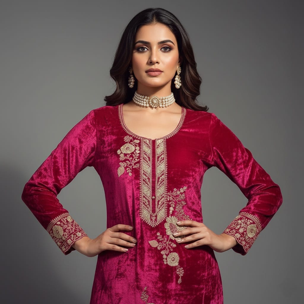 Woman wearing a pink embroidered traditional outfit against a gray background