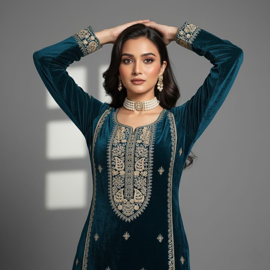 Woman wearing a teal embroidered traditional outfit against a gray background