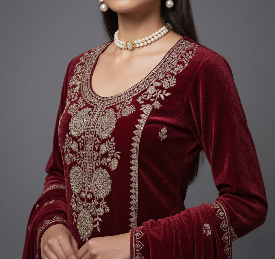 Maroon traditional outfit with intricate gold embroidery on a gray background