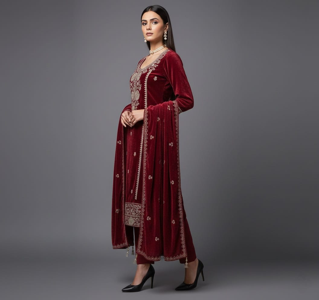 Woman wearing a maroon embroidered traditional outfit on a gray background