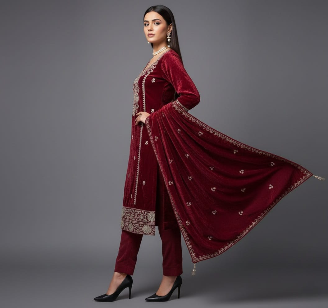 Woman wearing a maroon traditional outfit with a matching dupatta on a gray background