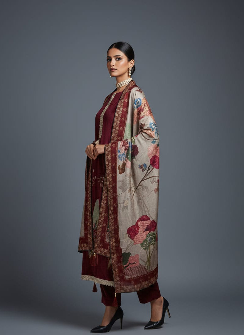 Woman wearing a patterned traditional outfit with a maroon dress and floral shawl on a gray background