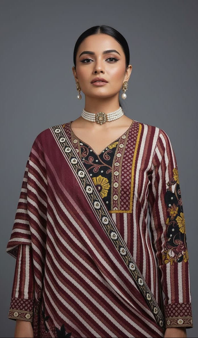 Woman wearing a traditional outfit with intricate patterns on a gray background