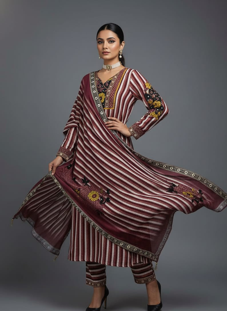 Woman wearing a traditional maroon and gold embroidered outfit on a gray background