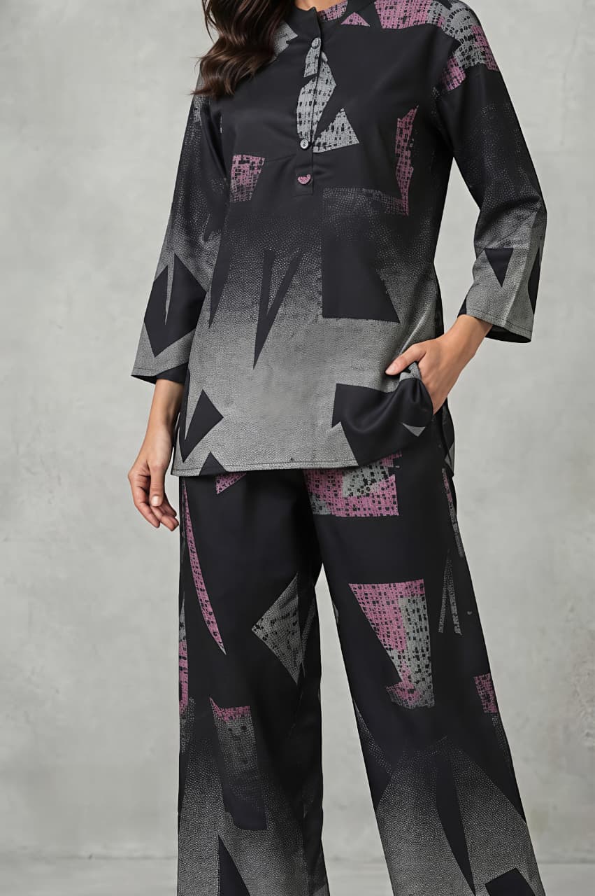 A woman models a matching two-piece set featuring a long-sleeve collared top and wide-leg trousers, both decorated with a modern geometric pattern in shades of gray, black, and pink, set against a textured gray studio backdrop.